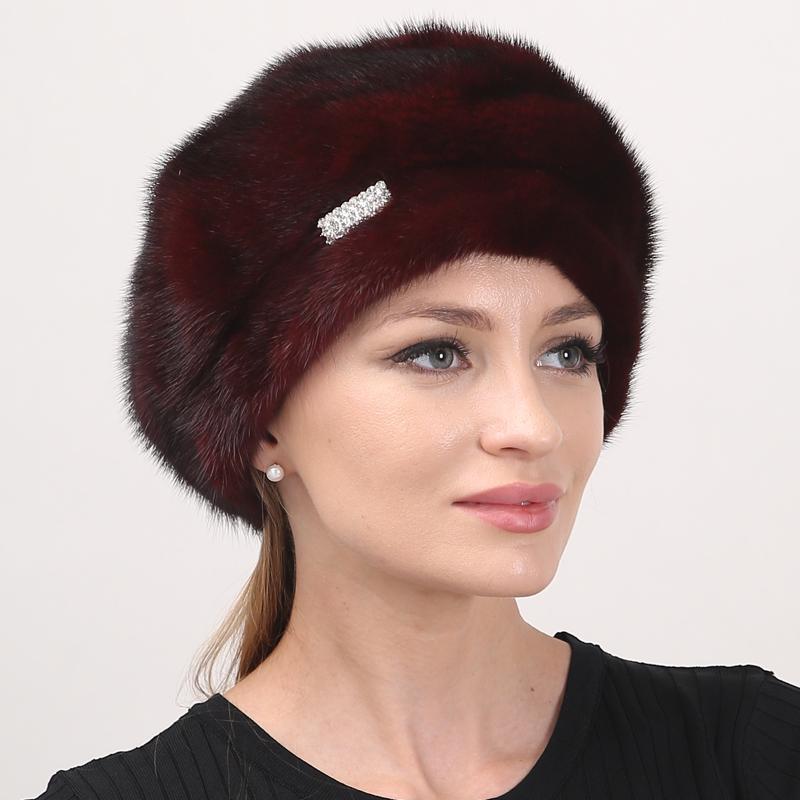 

Зимняя шапка для женщин Береты из натурального меха норки Пушистая русская шапка Adjustable(55-60cm) винный