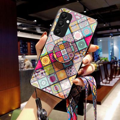 For Samsung Galaxy S25 Case Kickstand Ethnic Pattern Tempered Glass Phone Cover with Strap