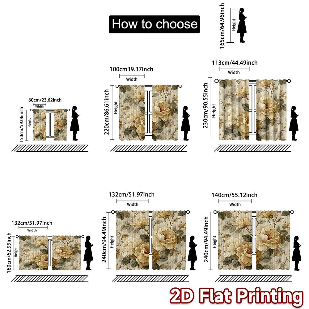 2D FLAT PRINTING 2pcs Curtains (Without Rod) Floral Golden Design Popular Window Curtain Yarn Curtains Blessing _ Peaceful