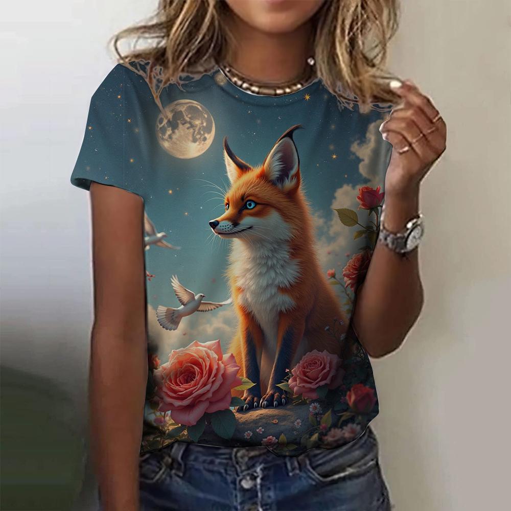 3D Printed Fox Pattern Women's T-shirt Summer Casual Round Neck Top Short Sleeve Loose T-shirt Daily Outing Short Sleeve