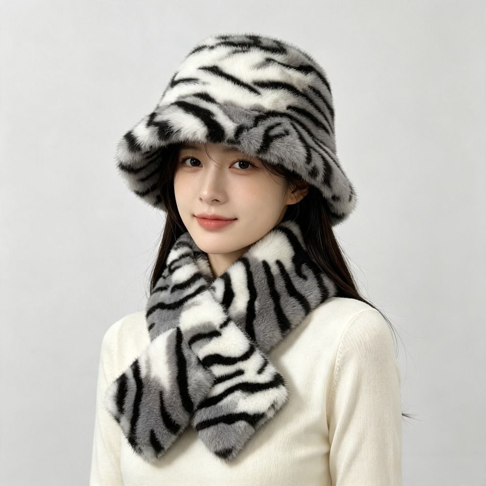 Soft Fluffy Faux Fur Hat Thick Warm Plush Neck Warmer Leopard Print Scarf Women Ladies