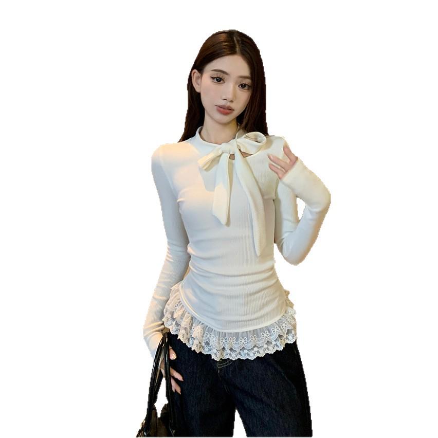 Niche Sexy Bow Long-Sleeve Lace Splice Slim Fit Top for Early Autumn