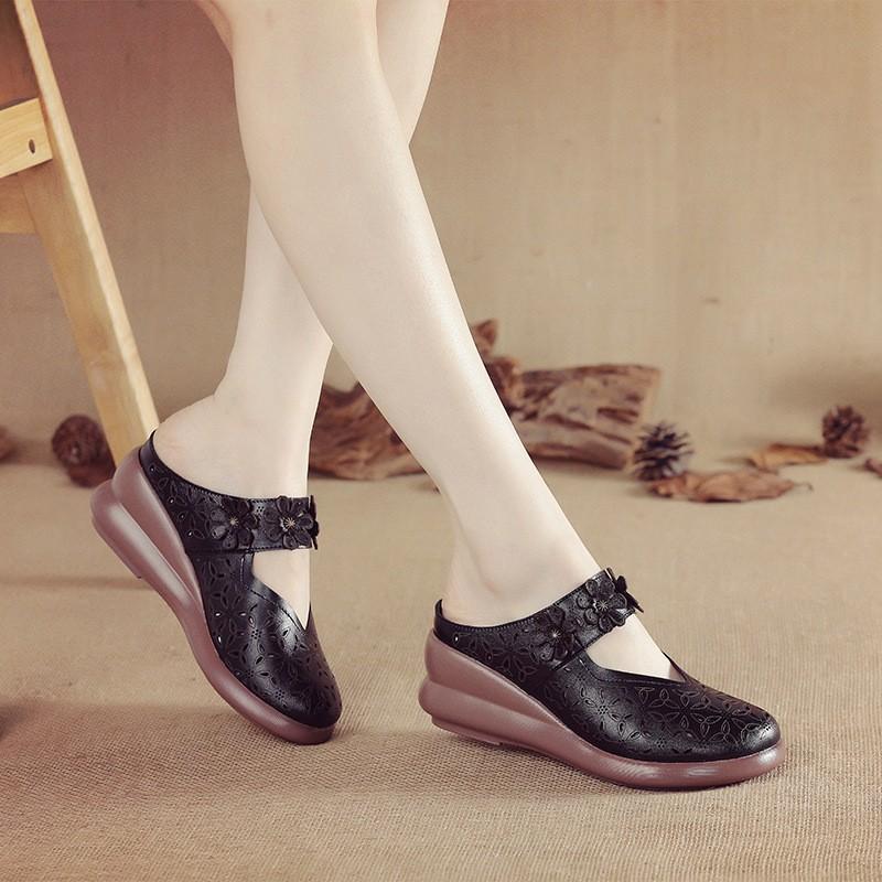 New casual thick-soled comfortable women's slippers hollow leather sandals home slope heel non-slip slippers