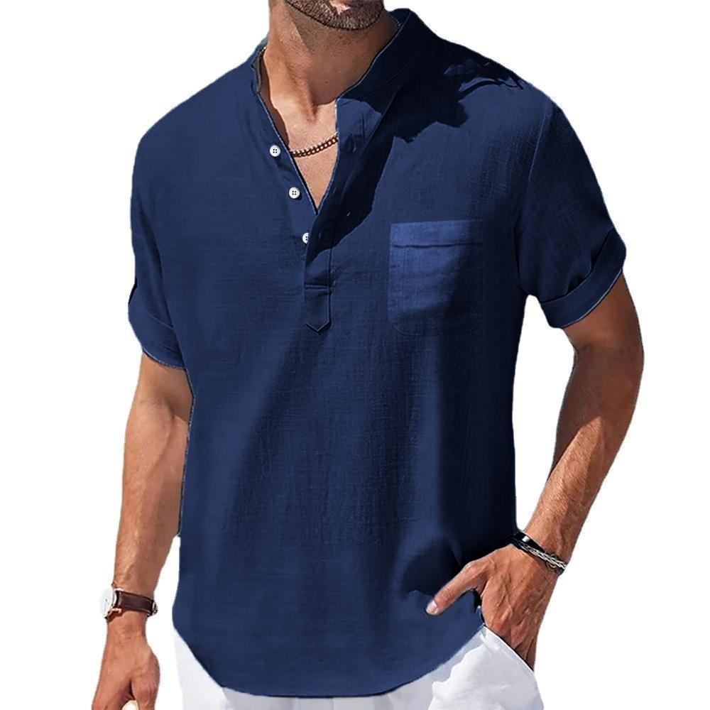 Men's Cotton and Linen Short-sleeved Summer Stand Collar T-shirt Half-cardigan Casual Sports Classic Short-sleeved Shirt