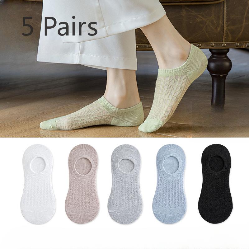 5 Pairs of  Women's Summer Thin Cotton Mesh Non Slip Non Slip Heel Shallow Mouth Invisible Boat Socks