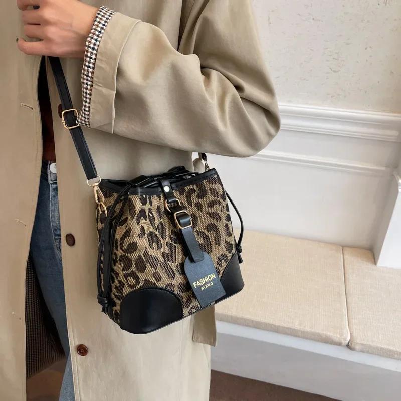 Leopard Small PU Leather Women Bucket Crossbody Bags  Fall Designer Shoulder Bag Luxury Brand Ladies Handbag Lady Trend Tote