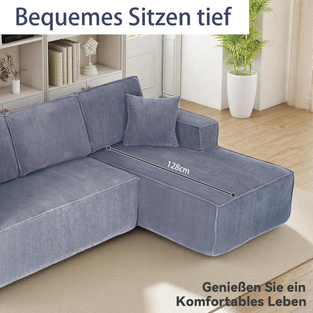 Fully Compressed L-shaped Corduroy Sofa, 2-person Seating Group + Chaise Longue Corner, Soft High-density Foam Padding, for Living Room, Gray
