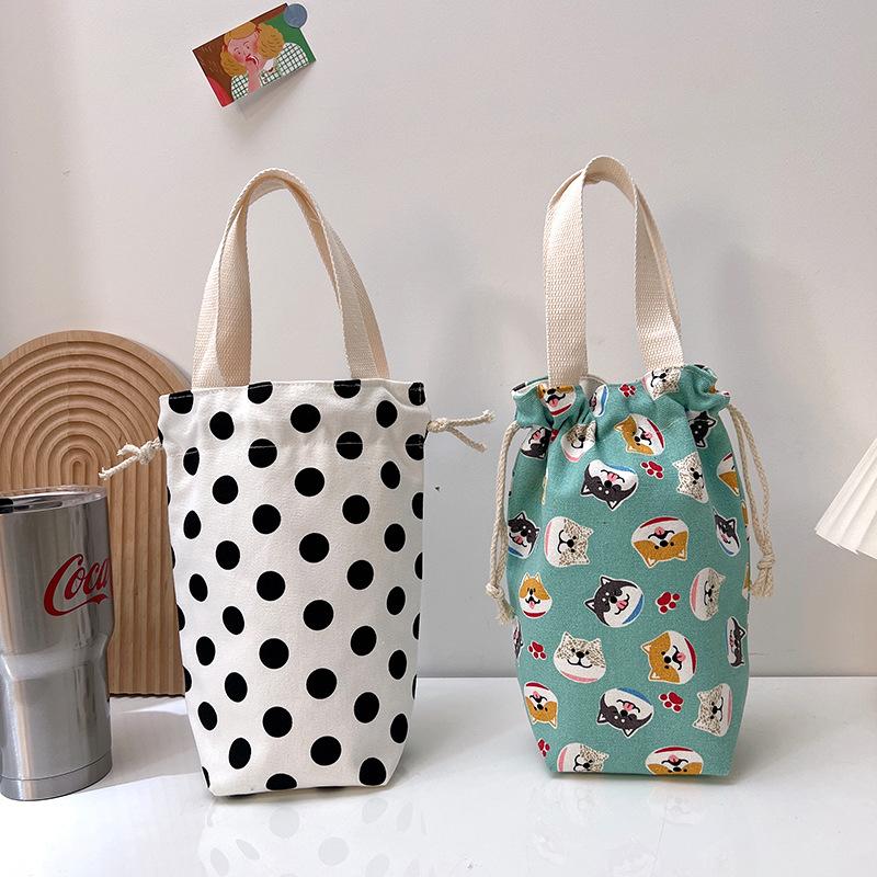 Portable Canvas Water Bottle Bag Case Thermos Pouch Cup Bag Cartoon Pictures Closing Drawstring Storage Bag