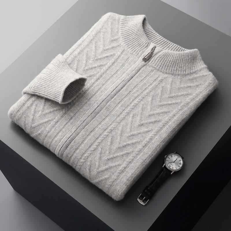 Men s Wool Cardigan: Thick, Long Sleeve, Half-High Neck Zipper - Autumn/Winter Solid Color Knit Sweater. M