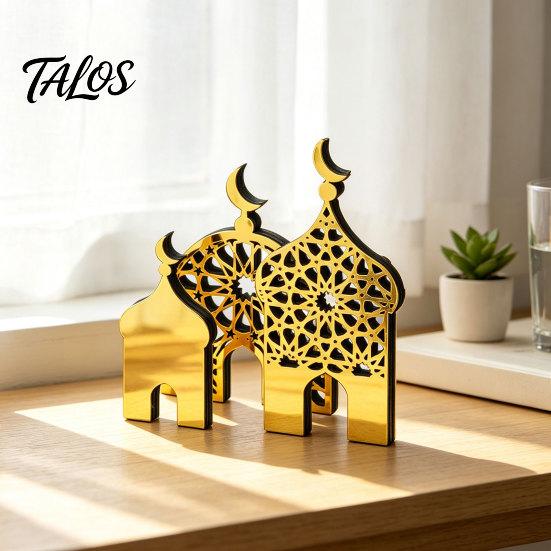 Eid Mubarak Decorations 3PCS Ramadan Golden Castle Ornament, Hollow Mosque Design, Thick Wood And Pattern Crafts Acrylic Desktop Accents, Religious
