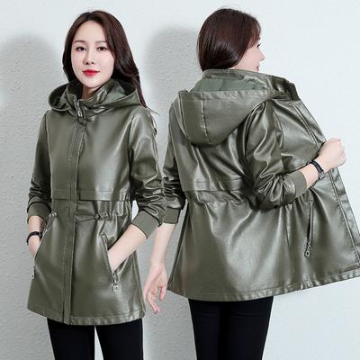 Damen Frühling und Herbst Business Casual Taillen PU Lederjacke Kapuzen Winddichte Jacke Bürojacke