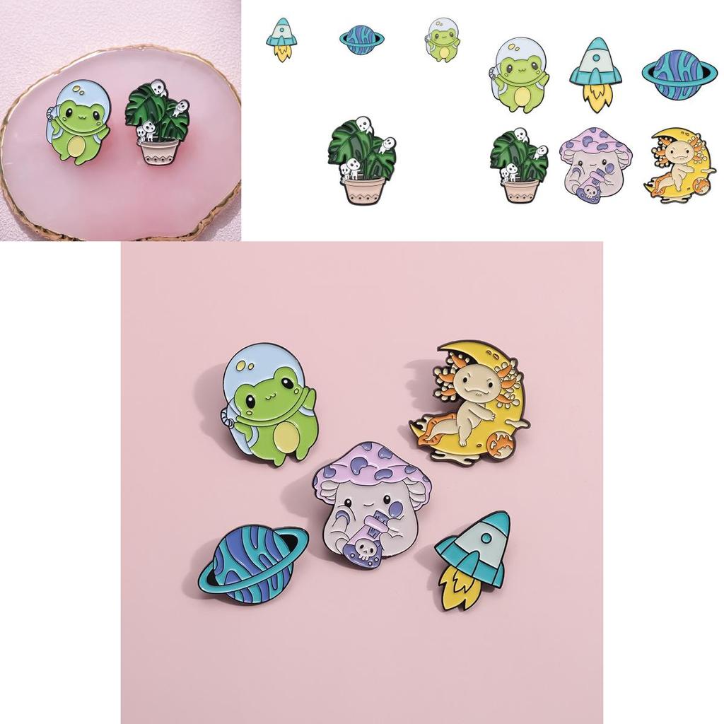 Unique Alloy Cartoon Frog Planet Rocket Brooch Pin Stylish Accessory For Men And Women