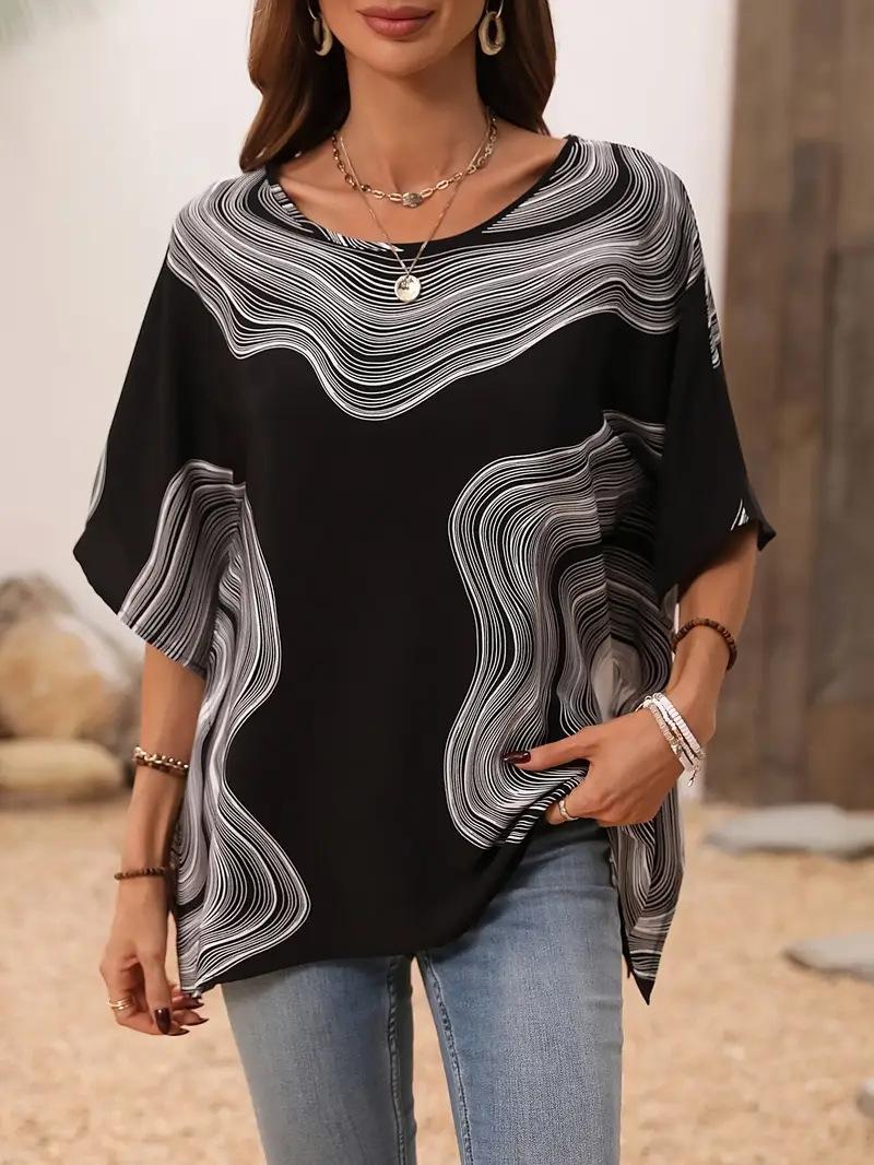 Women S Summer Casual Printed Round Neck Loose Fit Top S чёрный