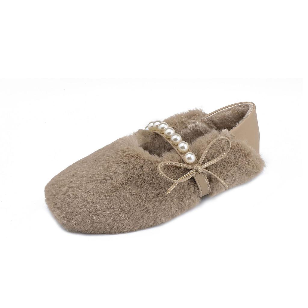 Winter new Mary Jane plush plush shoes women's pearl fashion versatile thermal shoes back plush casual flat cotton shoes