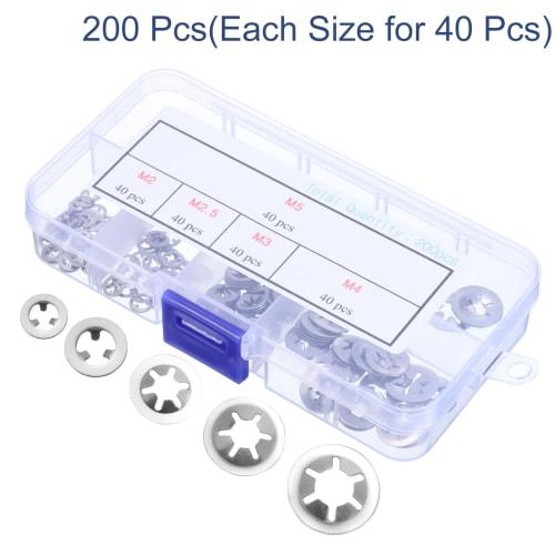uxcell 200pcs Internal Tooth Star Lock Washer Set, M2, M2.5, M3, M4, M5, Quick Speed ??Locking Washers, 304 Stainless Steel Star Lock Push Nuts