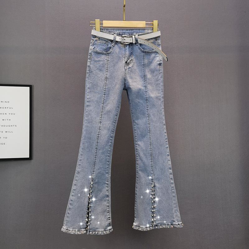 

Брюки клеш из денима с изысканными стразами, женская новая весенне-летняя одежда, новинка, с высокой посадкой, облегающие, стройнящие, расклешенные от колена Light Blue S