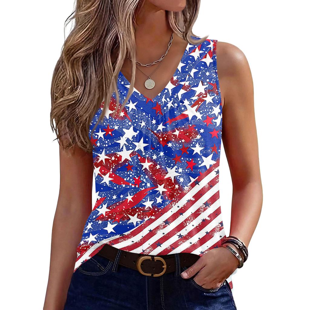 V-Neck Tank Top Women Print Tank Tee Casual Loose Fit Sleeveless Shirt