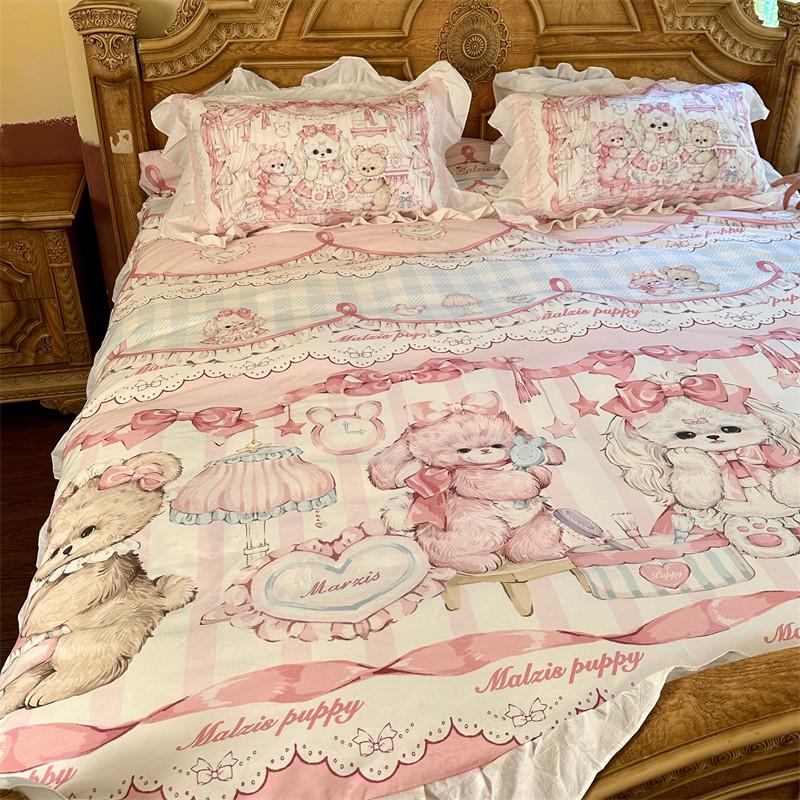Cute Cartoon Lolita Pure Cotton Bedsheet and Duvet Cover Set – All-Cotton, Four-Piece Set