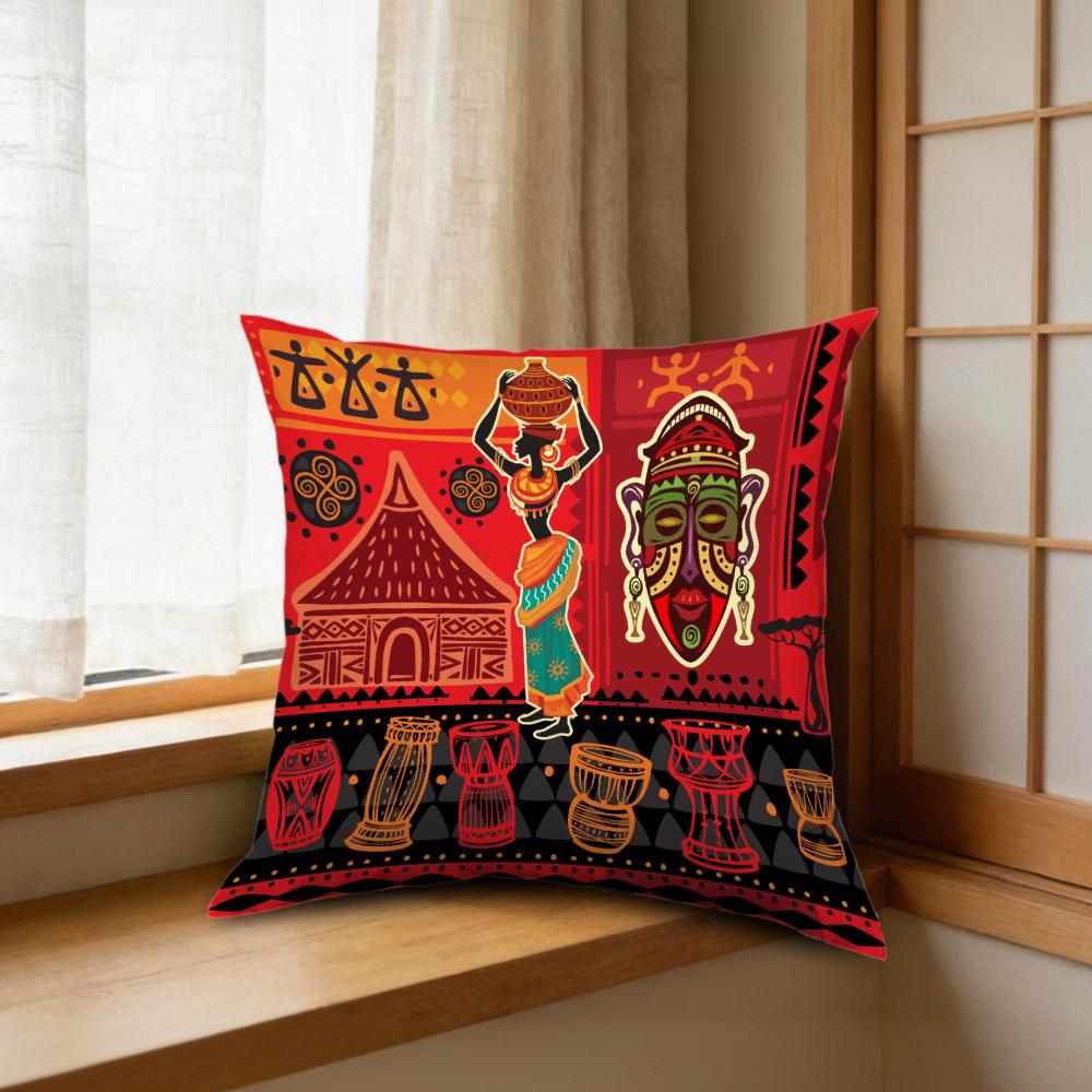 1Pc African Style Cushion Cover Red Black Tribal Drum Mask Print Pillowcase For Sofa Bed Home Decor Soft Breathable Square Case