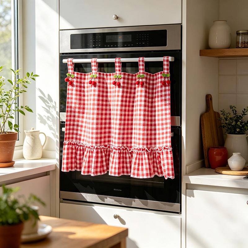 Koreels Rood Geruite Afneembare Stropdas Tape Korte Gordijn Schattige Kers Decoratie Ruches Kant Deurgordijn Voor Kamer Kast Wasmachine Tab top&1 panel