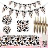 High-quality Party Tableware Set Black Brown Cow Print Paper Plates Cups And Utensils
