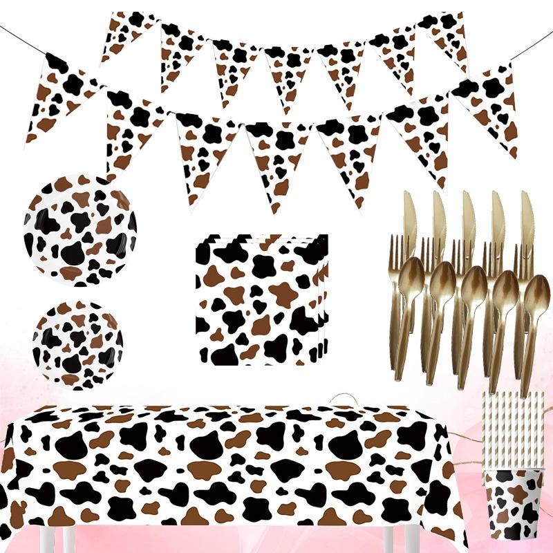 High-quality Party Tableware Set Black Brown Cow Print Paper Plates Cups And Utensils