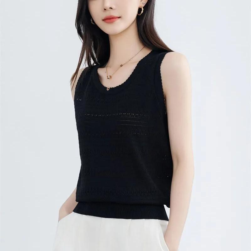 WTEMPO Hollow-out O-Neck Large Size Solid Color Casual Camisole Vests Women's Spring Summer Sleeveless Knitted Tank Tops