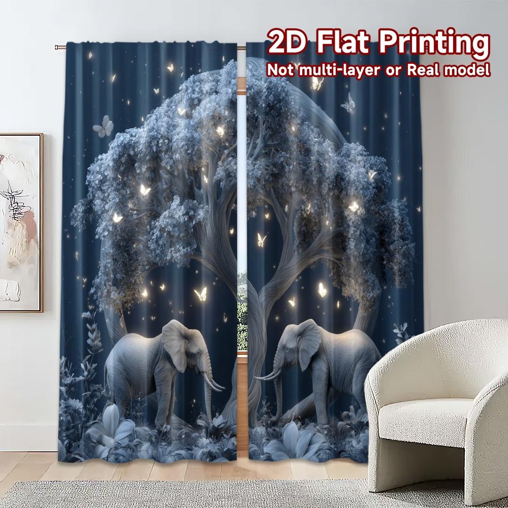 Set Of 2 Flat Printing Curtains Without Rod Moonlit Elephants Popular Creative Polyester All Seasons Made