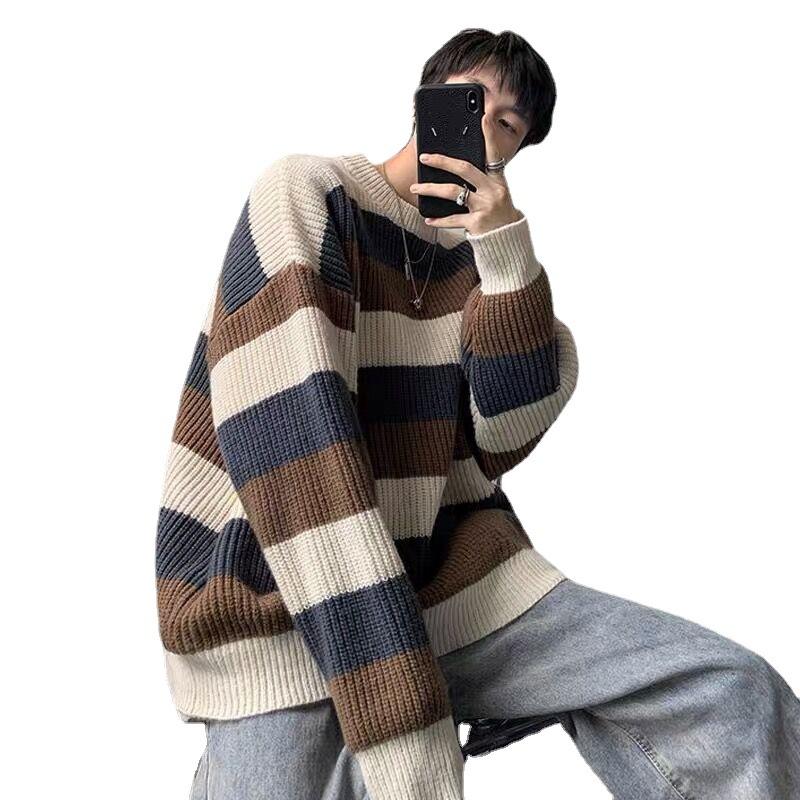 Randiga Tröjor Herr Lös O-hals Pullovrar Herrar Vinter Tjock Varm Mjuk Toppar Stickad Vintage Koreansk Stil Mode Stilfull