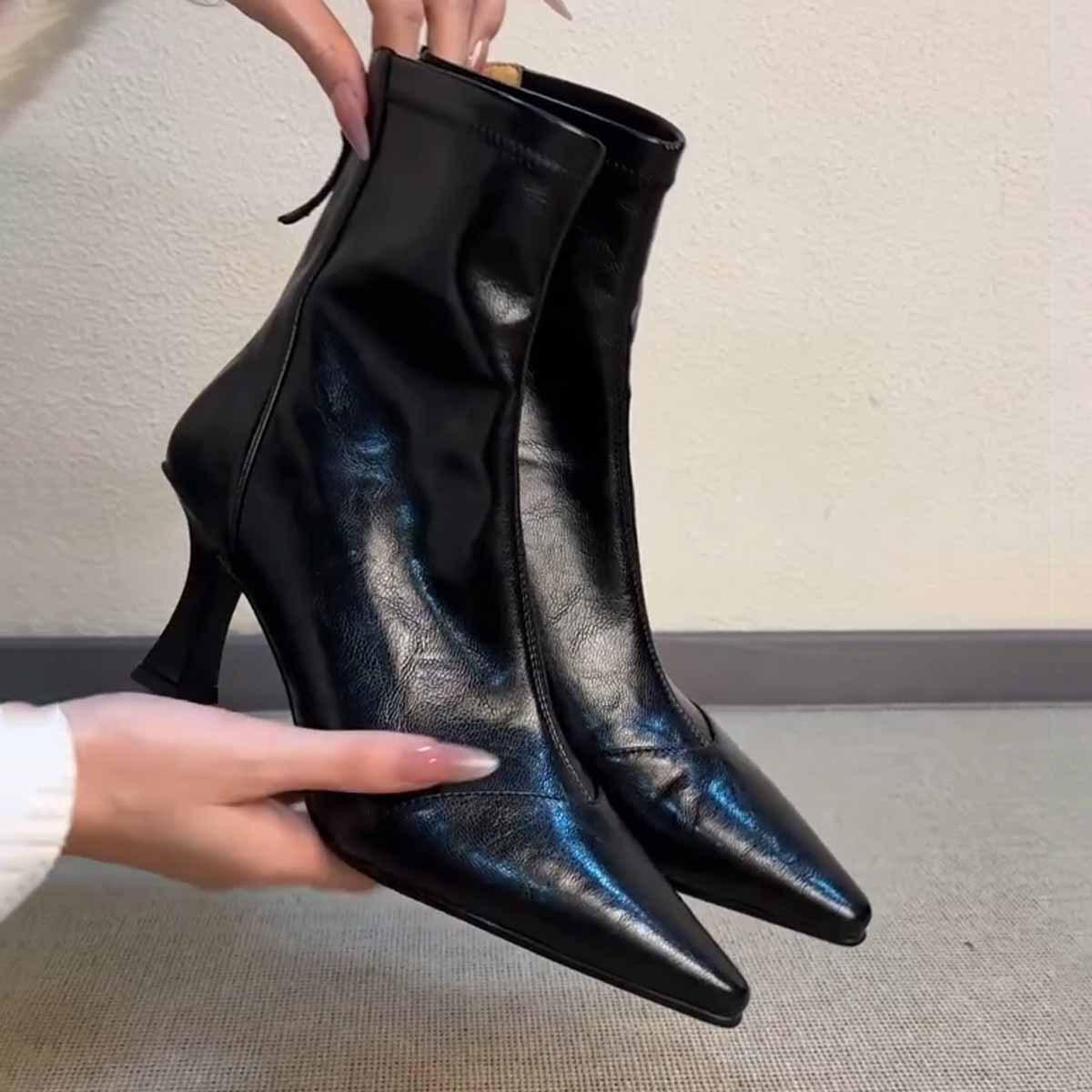 

Cowhide High-Heeled French Stiletto Ankle Boots - Women s Versatile Pointed-Toe Soft Leather Zipper Booties Size 35