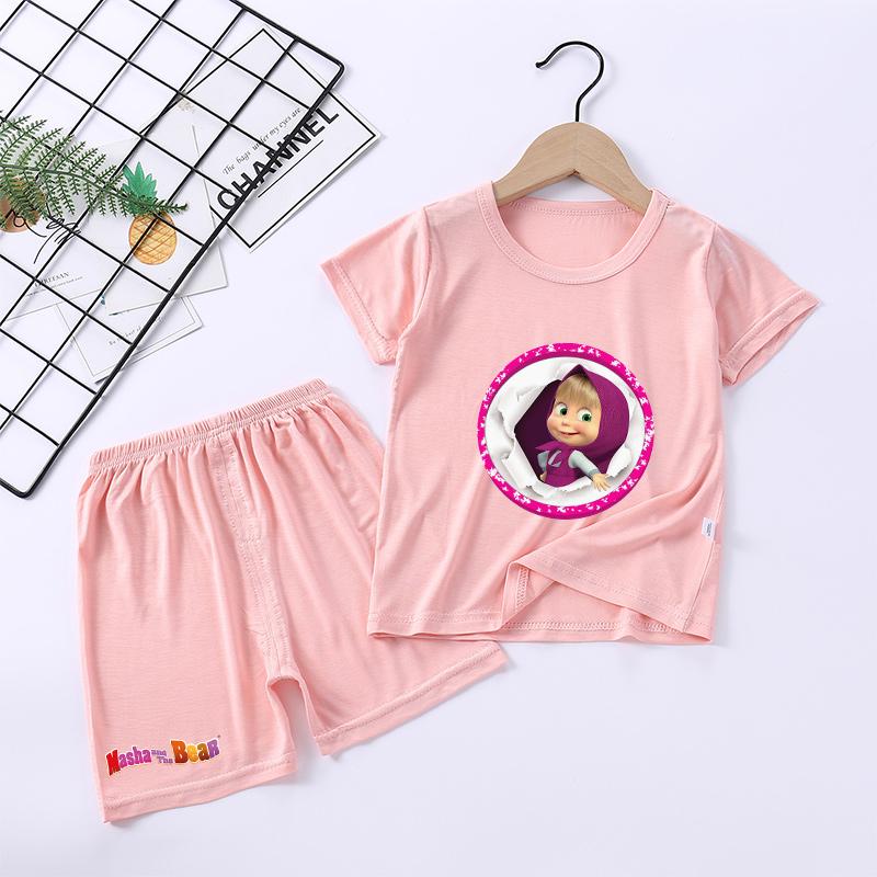 Mashas Bears Pajamas Set Girls Boys Short Sleeve T-shirt Pants Loungewear Summer Thin Nighty Clothing Tee Shorts Breathable Suit