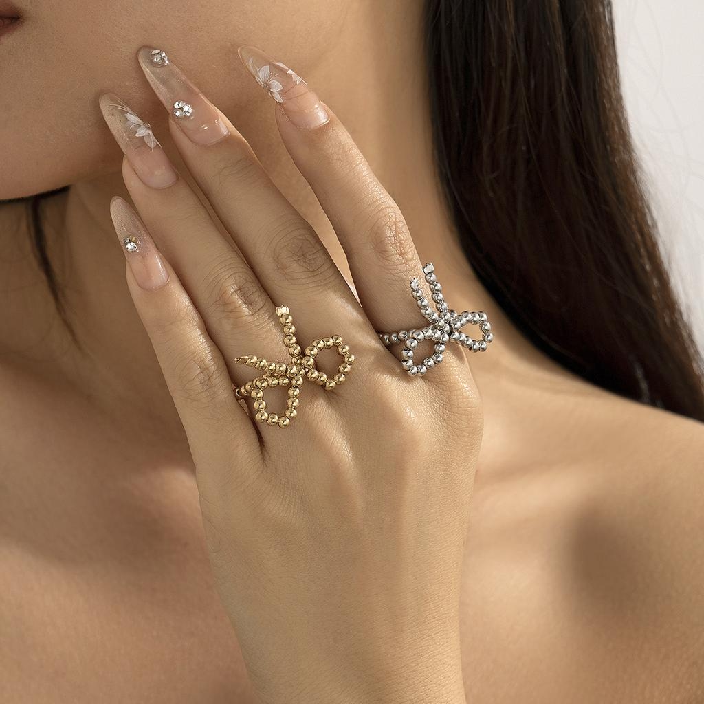Sweet Cool Wind Metal Ribbon Bow Ring Temperament Pearl Open Ring Bow Rings