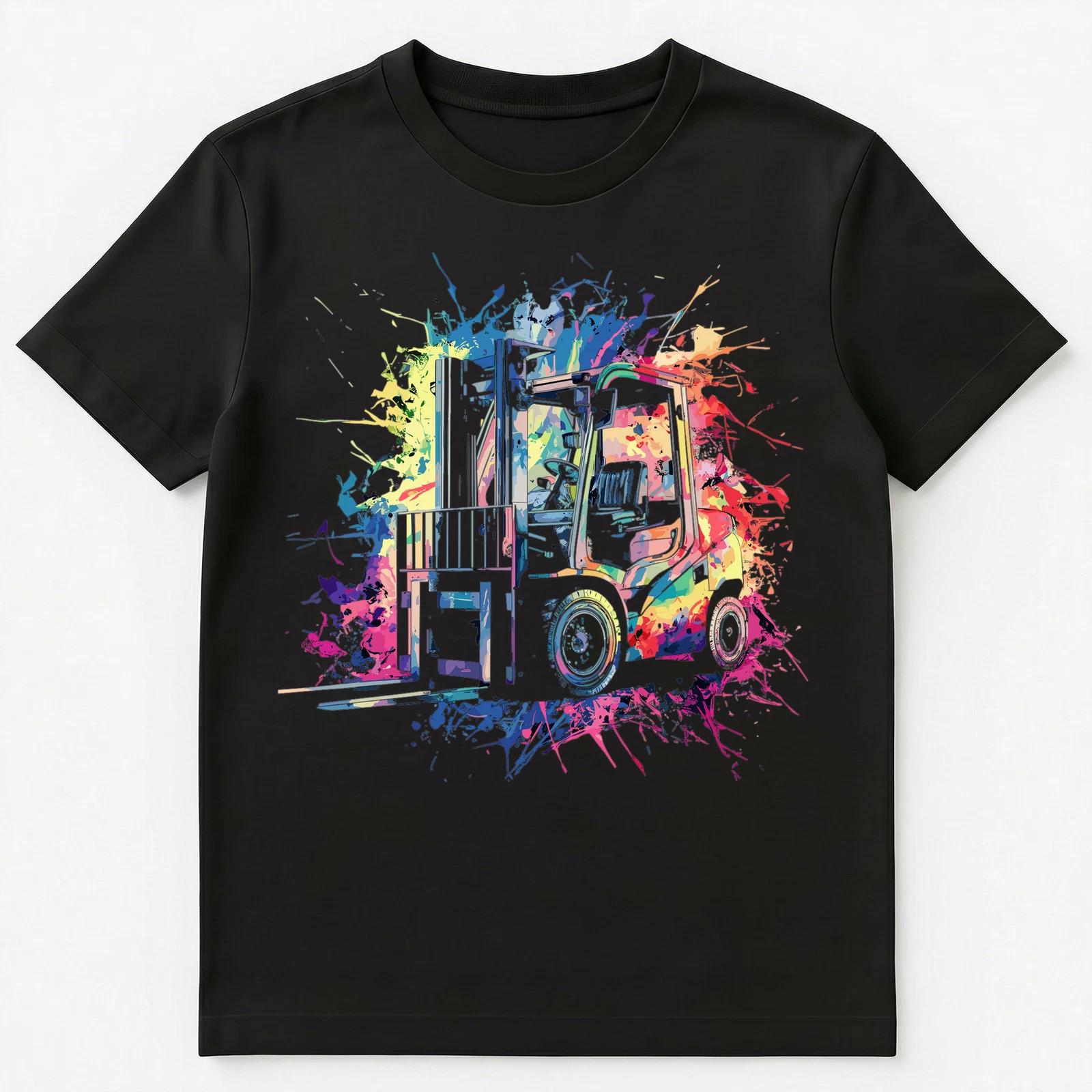 Colorful Paint Splash Forklift Art Graphic Unisex T-Shirt 4XL