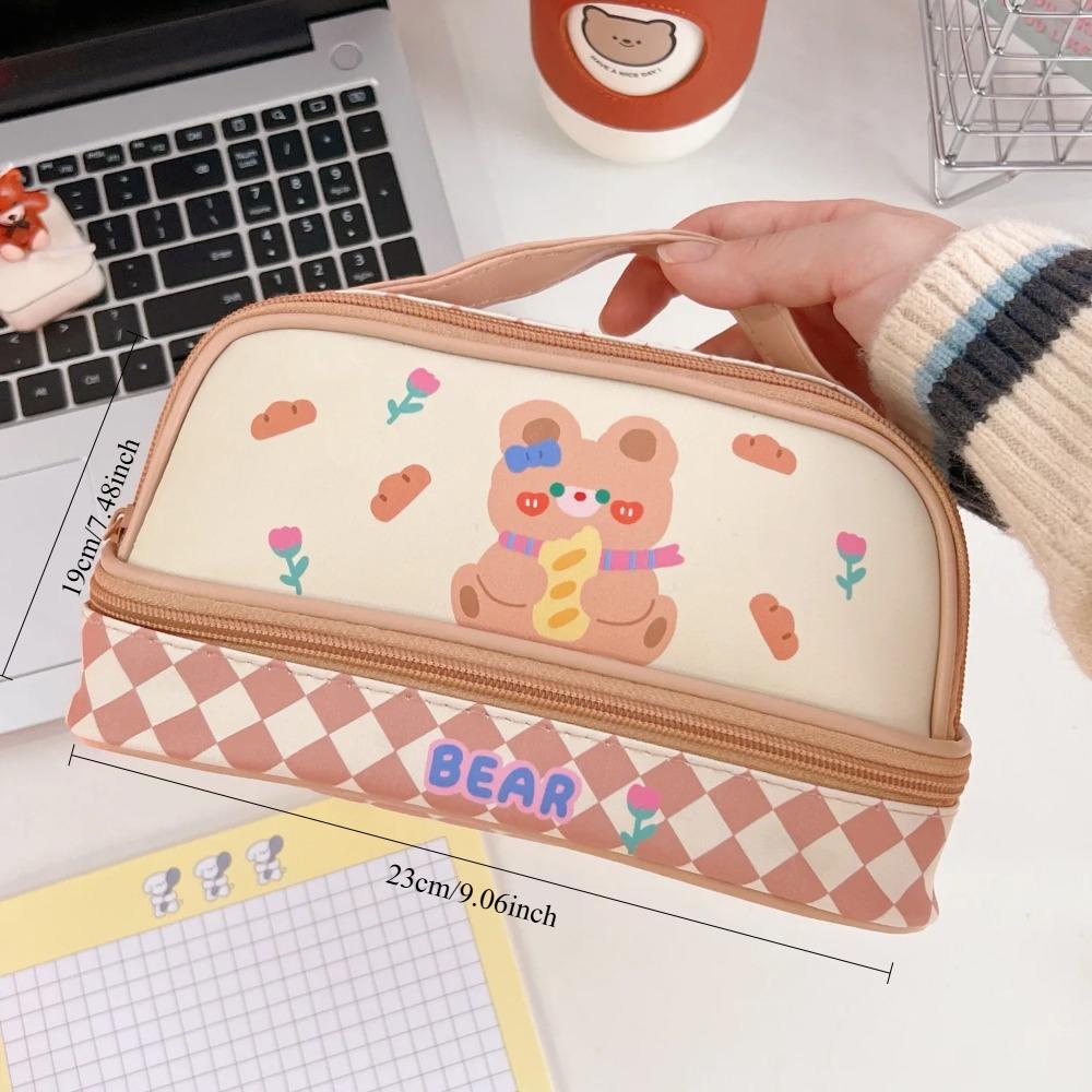 Cartoon Large Capacity Pen Bag Student Handheld Pen Bag Double Layer Storage Bag Cute And Simple Makeup Bag Stationery Box