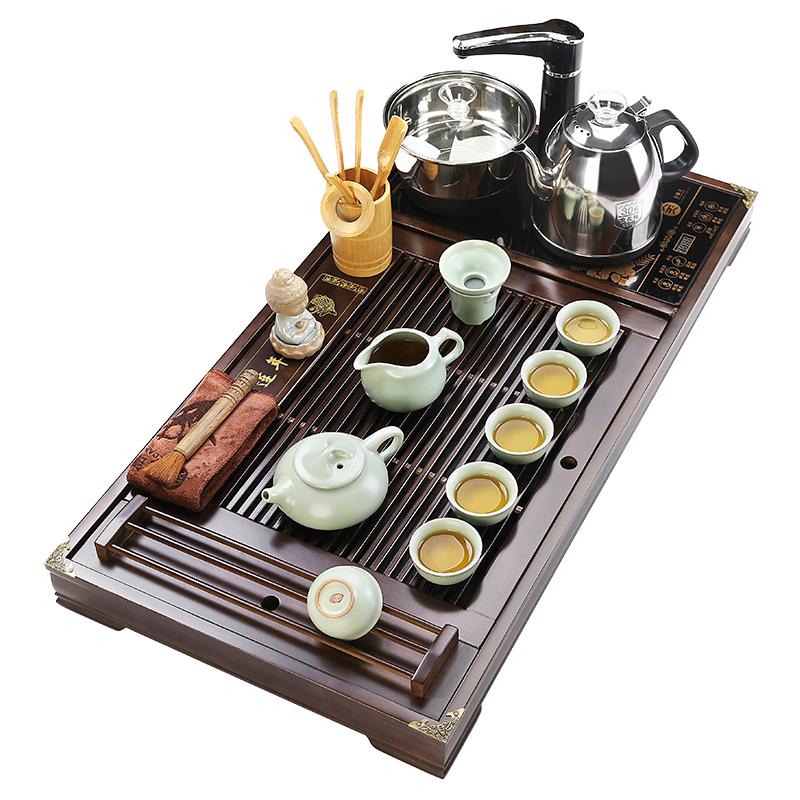 Ru Kiln Ceramic Kung Fu Tea Set with Auto Water Kettle & Wooden Tray