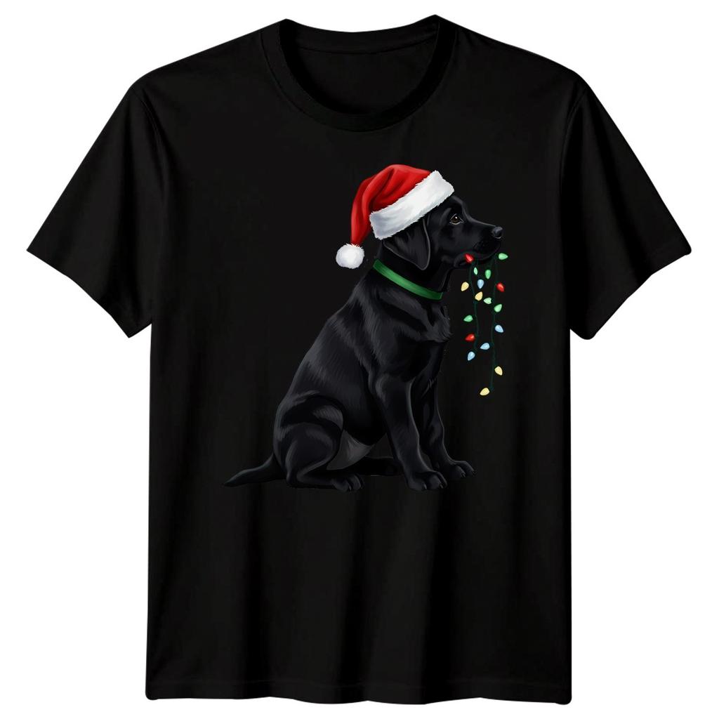 Black Labrador Dog Christmas Holidays Unisexs Unisexs Graphic Tee Santa Hat Lights