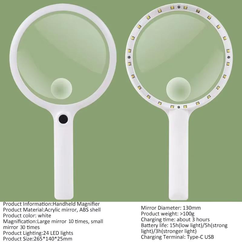 Handheld Magnifier 10/15/30x Usb Rechargeable Illuminated Magnifying Glass With 3 Light Modes For Reading Repair