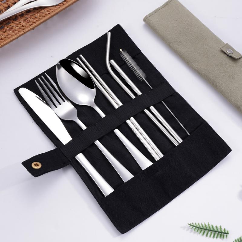 8 Pcs/Set Tableware Travel Cutlery Set 430 Stainless Steel Spoon Fork Chopsticks Straw Brush Portable Case Camping Utensils