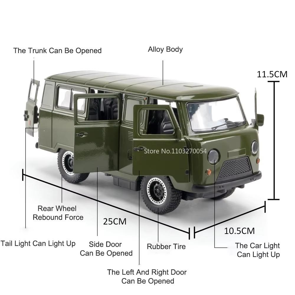 1:18 Russia Uaz Travelers Hunter Miniature Car Diecast Model Alloy Toy Sound Light Pull Back Doors Opened Models Children's Gift