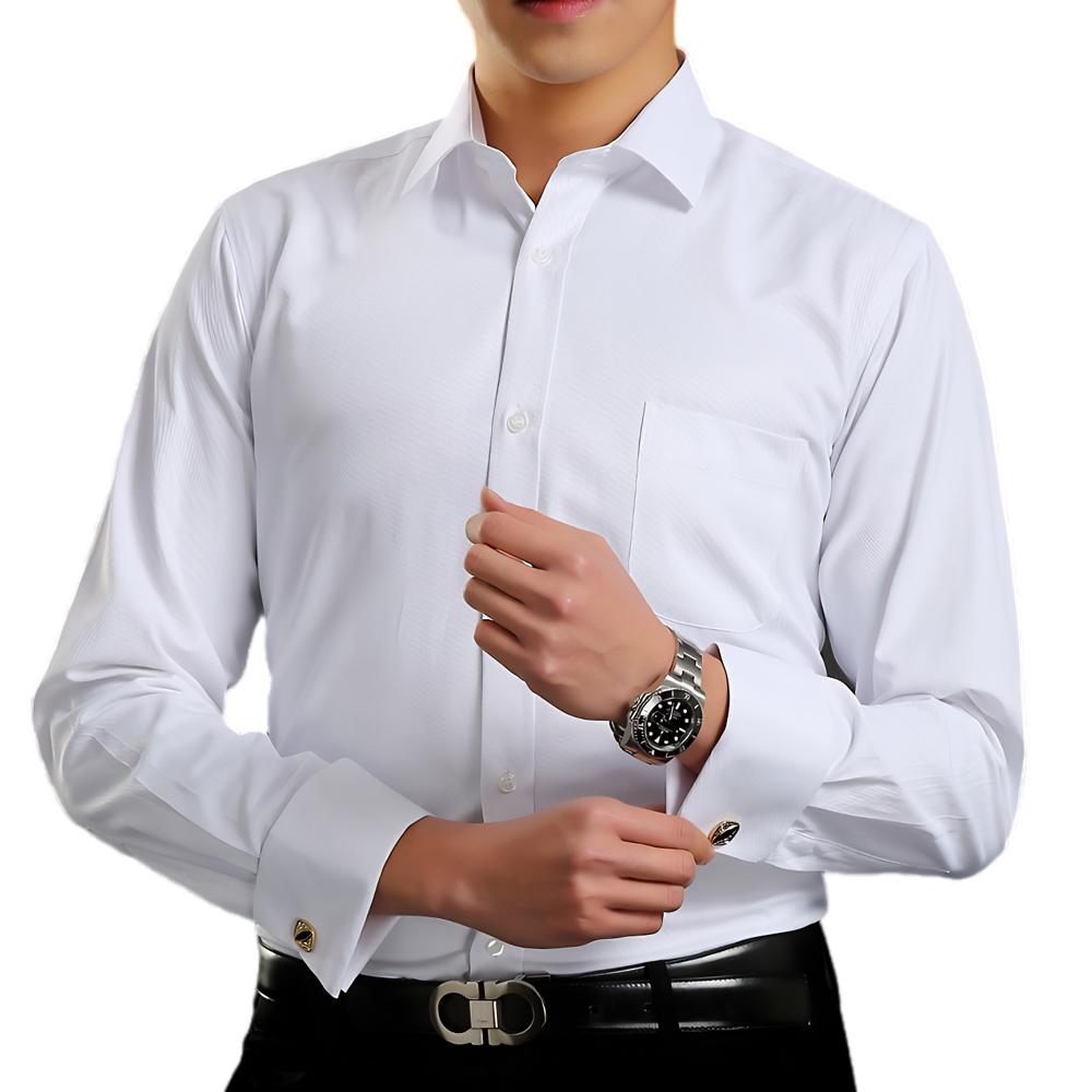 Men's Elegant French Cuff Spread Collar Striped Dress Shirt with Chest Pocket for Formal Business Wedding, Free Metal Cufflinks Included
