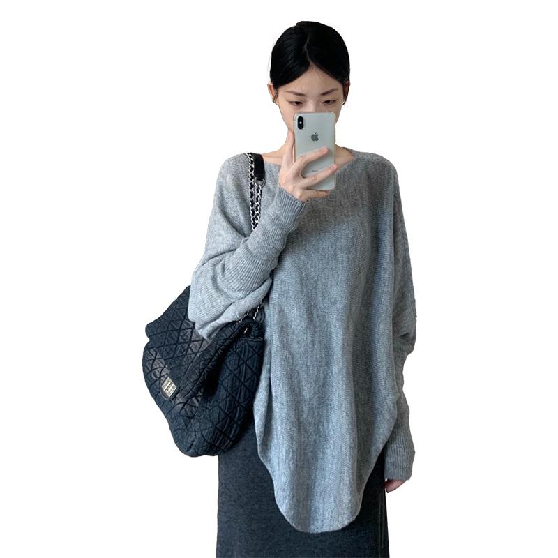 2026 A/W Loose Gray Irregular Knit Sweater Skirt Set