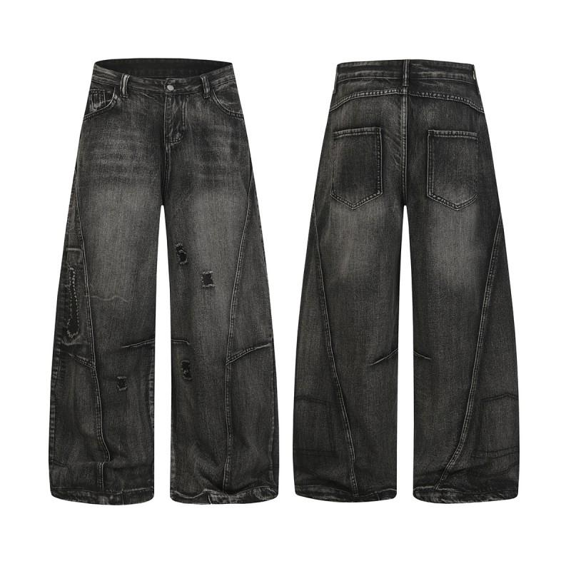 Mens Oversized Distressed Washed Denim Pants Loose Wide Leg Straight Cut Streetwear Jeans