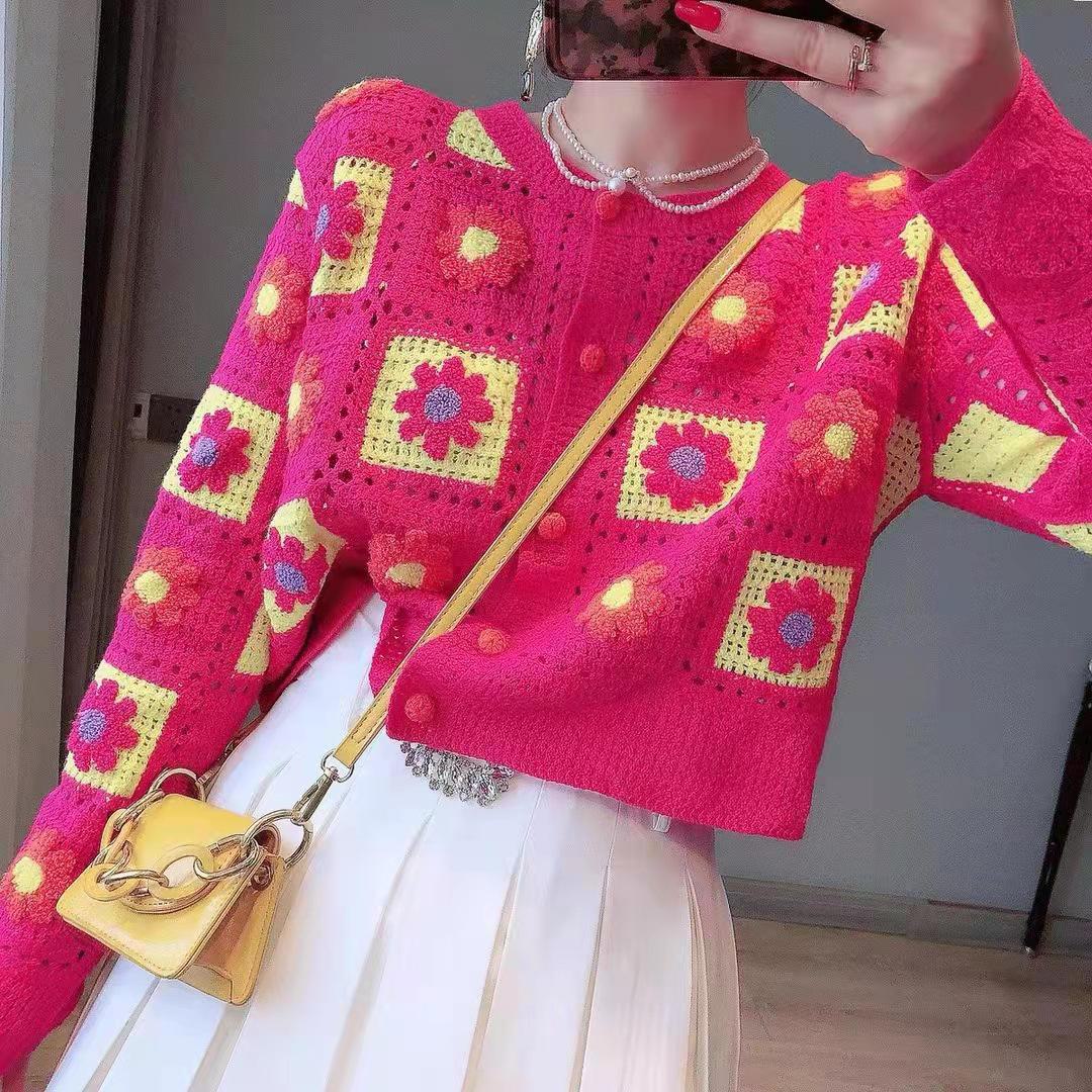 

Весенний японский милый ажурный вязаный кардиган с цветочной вышивкой - женский короткий свитер с длинным рукавом One Size розы красного
