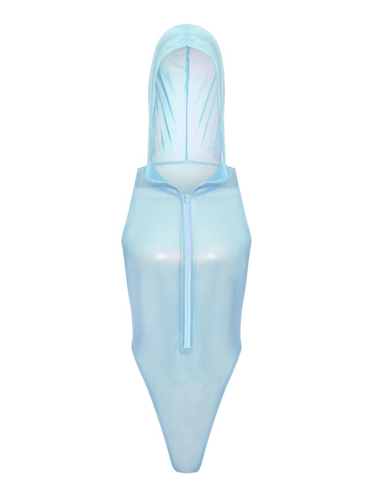 Women Sheer Lingerie Bodysuit Hooded Sleeveless Design Front Zipper Closure Glitter Jumpsuit for Role Play Club