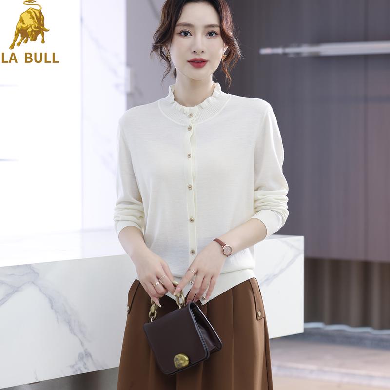

LA BULL Women s Ruffle Collar Wool Knit Sweater M