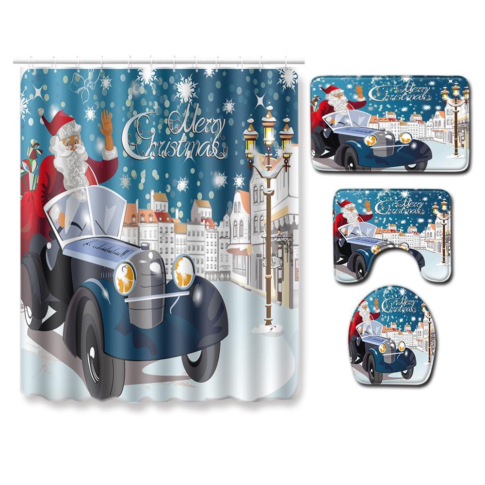 Christmas Home Door Mat Bathroom Toilet Shower Curtain Four-Piece Floor Mat Bedroom Absorbent Carpet
