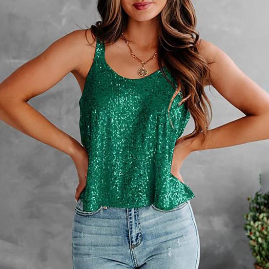 Party Tops Women Sleeveless Sling Sequin Tops Loose Fit Soft Stretchy Sparkling Shimmering Vest Party Clothing
