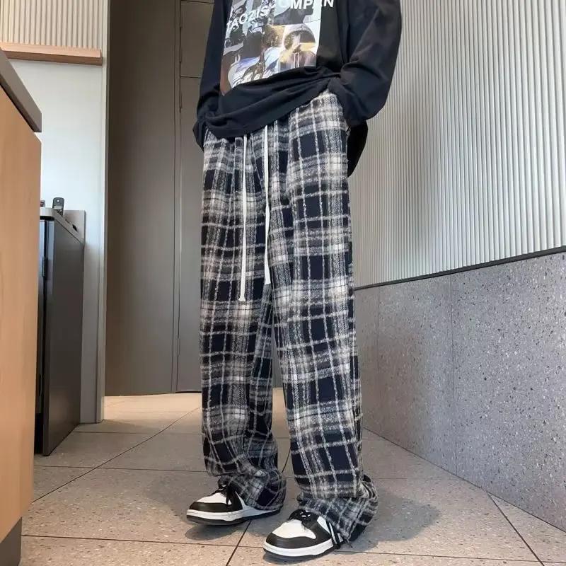 Woolen Fleece Lined Plaid Pants High Waisted Classic Vintage Black Casual Straight Leg Pants Slimming Bell Bottoms For Men Women