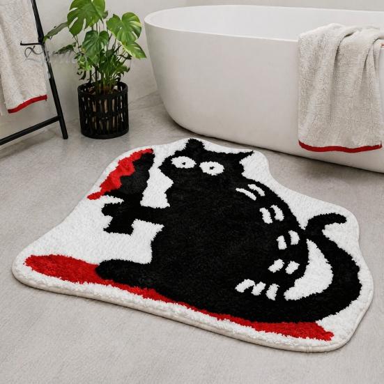 Cozy Soft Bedroom Accent Mat Halloween Pumpkin Bath Mat, Bathroom Rug with Non-slip Backing, Non-shedding Flocking Absorbent Black Cat for Home