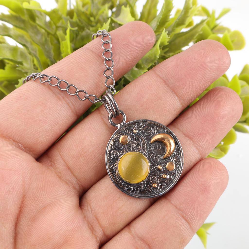 Yellow Cat's Eye 925 Sterling Silver Boho Pendant, Handmade Gorgeous Silver Jewelry, Cat's Eye Gemstone Jewelry For Gift